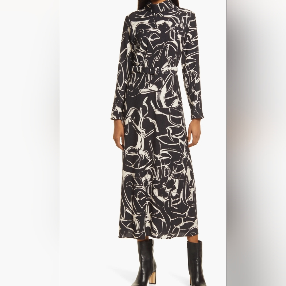 & Other Stories Size 12 Abstract Print Belted Long Sleeve Midi Dress